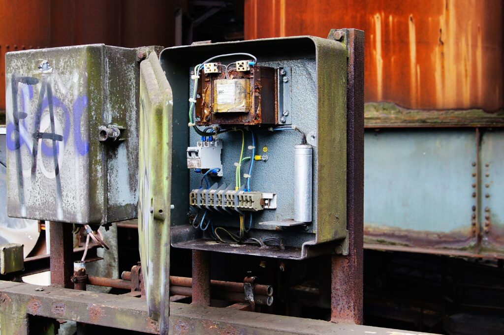 A closeup shot of a rusty electric box with a blurred background