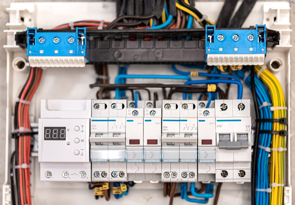 Voltage switchboard with circuit breakers are in the ON and OF positions in the big electric box for electrical distribution panel and temporary electric cables are switched. Electrical background.