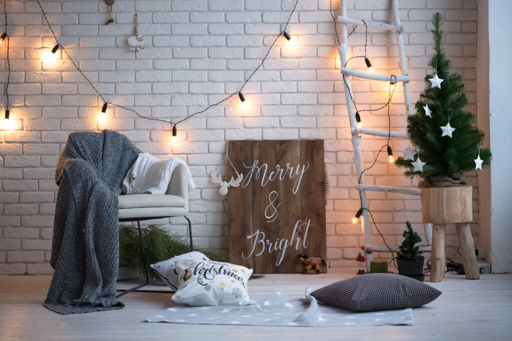 Merry christmas and new year brick wall background. white decor. Loft style.