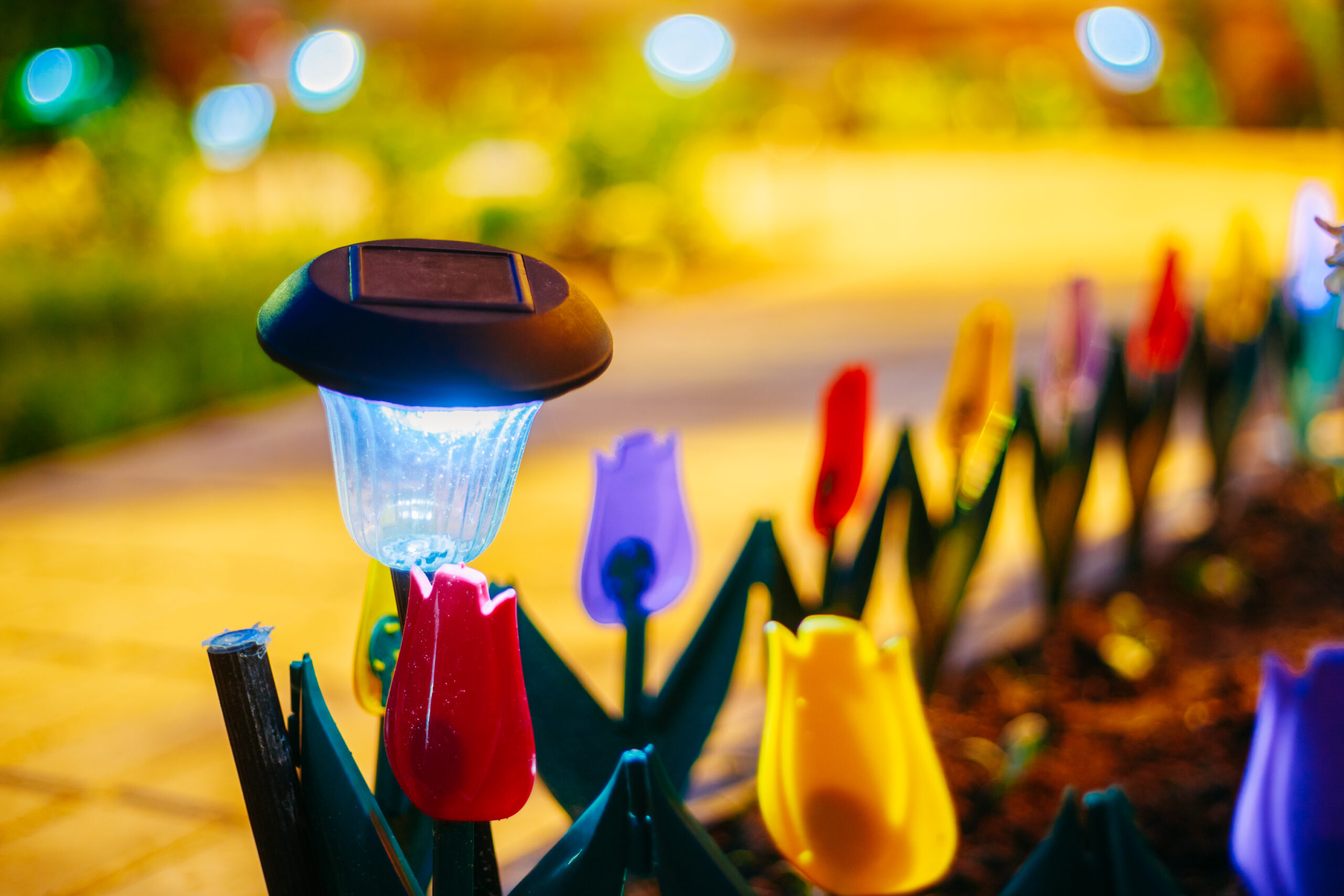 Solar Garden Light, Lanterns In Flower Bed. Garden Design